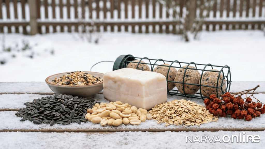 Основные виды корма, рекомендованные для зимней подкормки птиц в Эстонии: семечки подсолнечника, несоленый арахис, сало, жировые шарики, овсяные хлопья и ягоды рябины