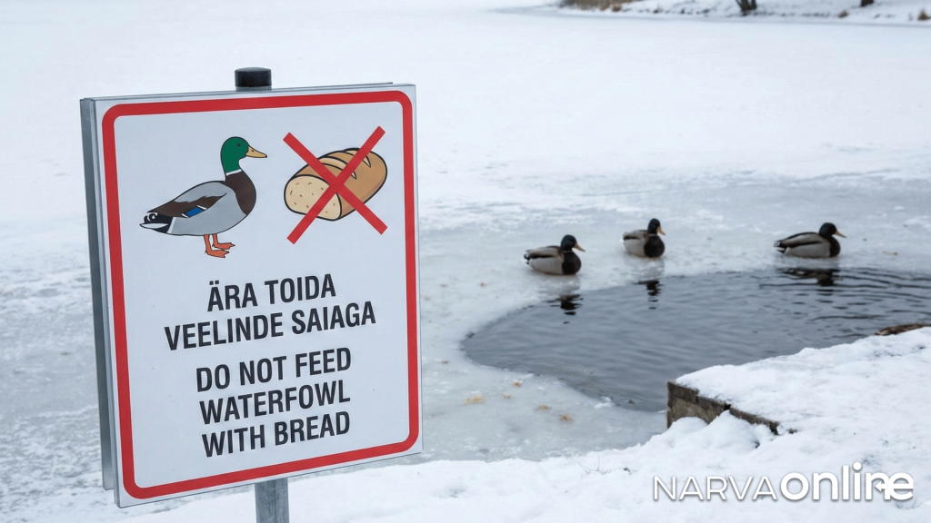 Предупреждающий знак на эстонском и английском языках на берегу замерзшего водоема 