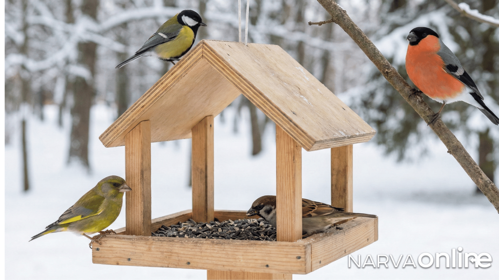 Самые частые гости кормушек: большая синица, снегирь, зеленушка и полевой воробей.