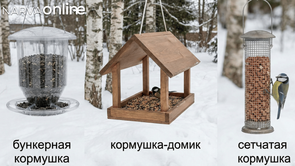 Три популярных типа кормушек с подписями на русском языке: бункерная, кормушка-домик и сетчатая
